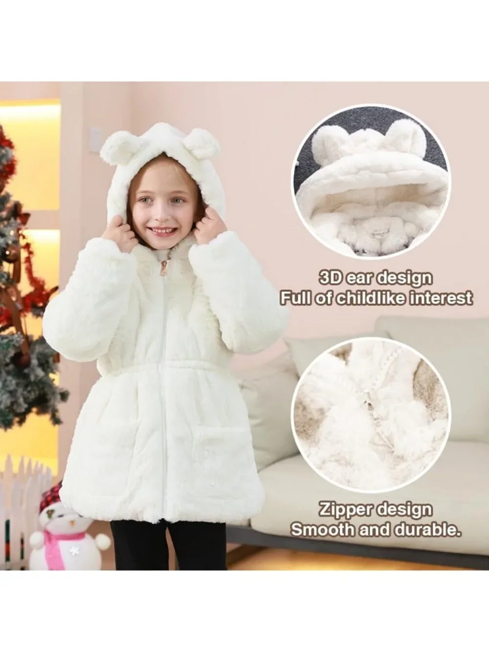 Kids Girls White Polyester Winter Warm Outwear Ear Hooded Faux Fur Thicken Fleec
